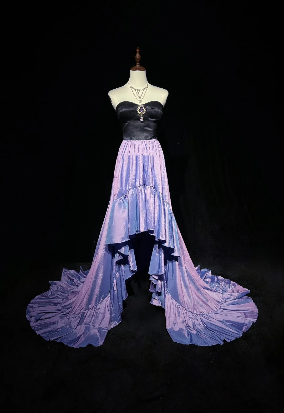 Vintage Prom Dresses High Low Strapless Lilac Black Satin 1990s Formal Evening Gown N2653