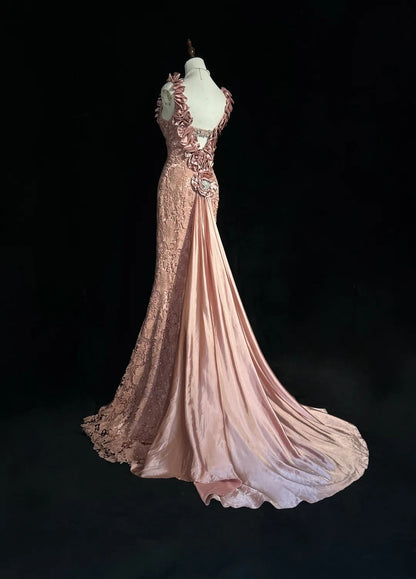 Vintage Prom Dresses Mermaid V Neck Pink Lace With 3d Flowers 1950s Long Formal Gown N2594