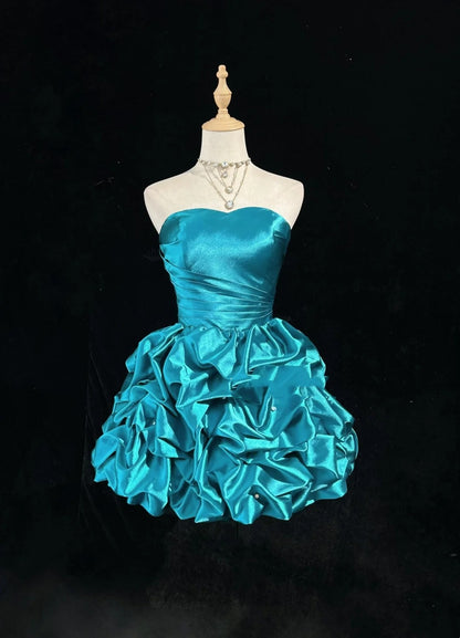 Vintage Ballkleid Sweetheart Blau Satin 12. Klasse Kurze Minilänge Ästhetischer Look Homecoming Kleider RB4337