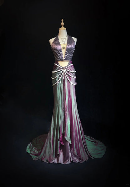 Robes de bal Glamour Sirène Halter Raisin avec perles Tenues de soirée formelles N3851
