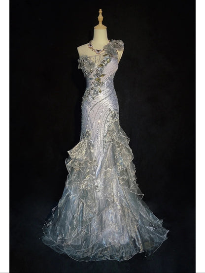 Robes de bal vintage des années 80 sirène asymétrique gris sans manches avec perles tenues de soirée semi-formelles N3613