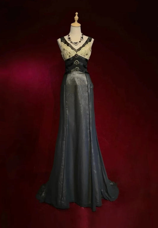Vintage Meerjungfrauen-Abschlussballkleider mit V-Ausschnitt, Perlen, Satin, Schwarz, 80er Jahre, Abend-Formales Kleid RB3272