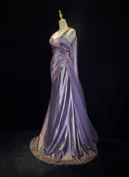 Inspiration Robes de bal vintage Sirène Bretelles fines Satin violet Années 90 avec Robes de soirée perlées N3350