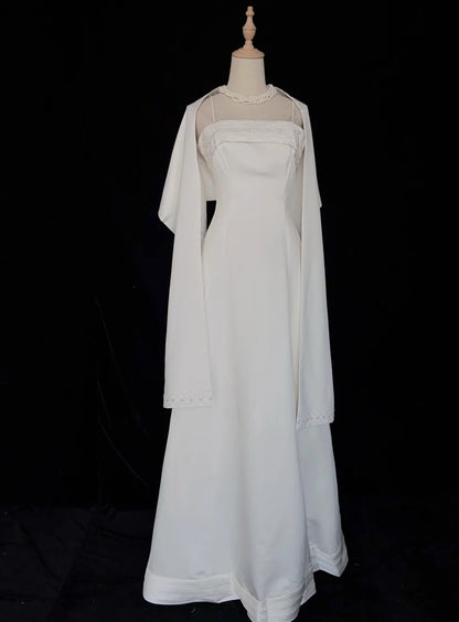 Bescheidene Ballkleider Inspo A-Linie Spaghettiträger Weißer Satin mit Cape für Damen Abendkleid N3222