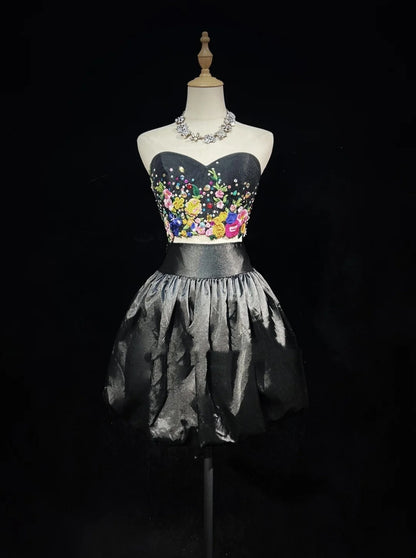 Jolie robe de bal 2 pièces en satin noir fleuri, idées pour les femmes, robes d'anniversaire courtes, tenues de retour à la maison N3449