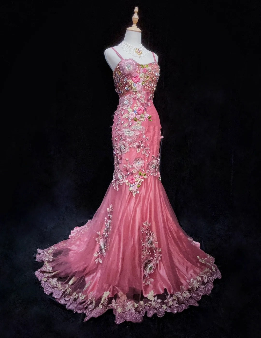 Belles robes de bal sirène à bretelles spaghetti roses avec perles et fleurs longues tenues de soirée N3318