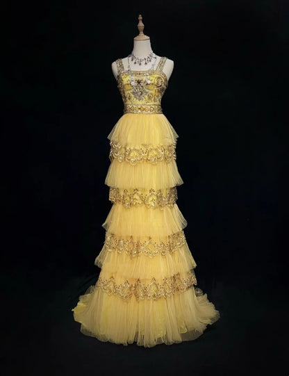 Robes Esthétiques de Bal Vintage Ligne A Col Carré Jaune Couches Superposées avec Perles Longue Robe de Soirée N3060