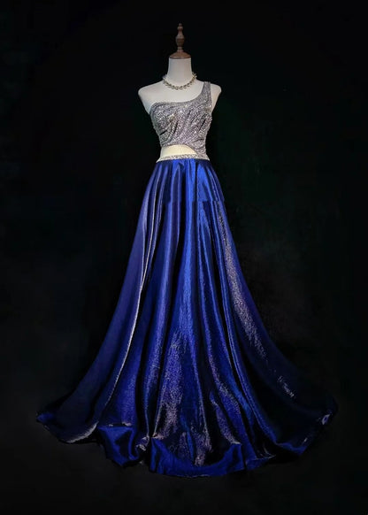 Robes de bal simples, ligne A, asymétrique, bleu roi, longueur ras du sol, perles, robe de soirée formelle N3688