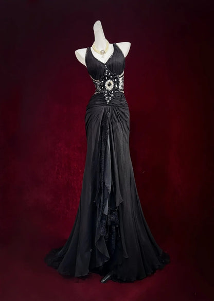 Vintage Prom Dresses Mermaid Halter Black Tulle Long 80s Party Evening Formal Gown RC1147