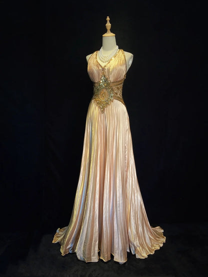 Vintage Abschlussballkleider 80er Jahre A-Linie Neckholder Ärmellos Gold mit Perlen Semi Formale Abendoutfits N3610