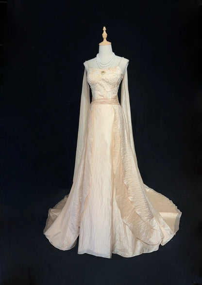 Robes de bal vintage en forme de A à bretelles spaghetti couleur champagne avec manches longues Robe de soirée années 90 N3001