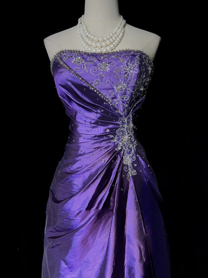 Robes de bal vintage sans bretelles violettes avec application de dentelle dorée, tenue de soirée longue années 80 N3886