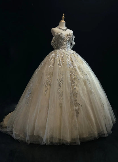 Glamour Ballkleid Abschlussballkleid Off-Shoulder Champagner mit Blumen Formelle Abendgarderobe N3799