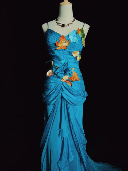 Bescheidene Ballkleider Meerjungfrau Spaghettiträger Blau Chiffon Ärmellos Mit Blatt Formelles Abendkleid N3841