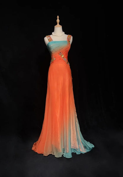 Robes de bal vintage des années 1960, col carré, trapèze, dégradé orange, mousseline, perles, longue robe de bal N3104