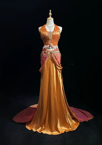 Charming Prom Dresses Mermaid Pink Halter Orange Satin With Ruffled Long Evening Outfits N3430