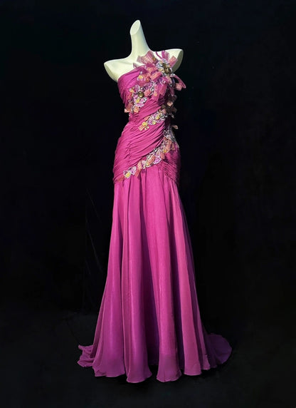 Fuchsia Prom Dress Inspo Mermaid One Shoulder Chiffon With Appliques Birthday Outfits Formal Party Gown RC0107