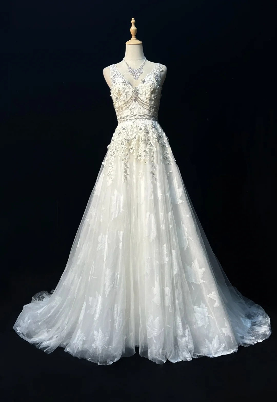 Robes de bal modestes trapèze col en V tulle blanc dentelle sans manches longues tenues de soirée formelles N3618