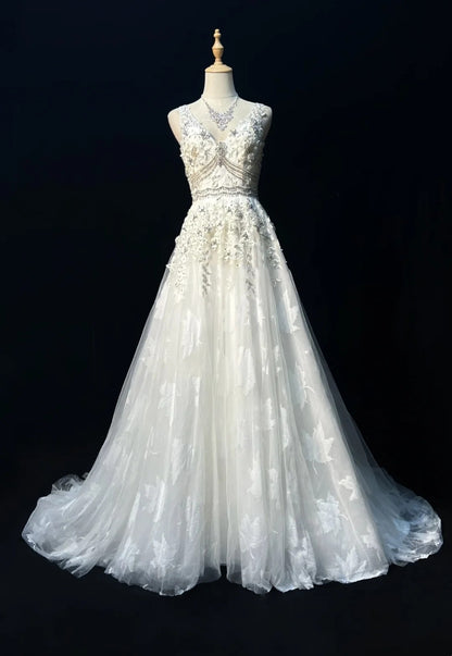 Robes de bal modestes trapèze col en V tulle blanc dentelle sans manches longues tenues de soirée formelles N3618