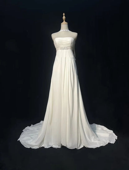 Elegant A line Strapless Chiffon White With Beads Wedding Bridal Gown Long Wedding Dresses RB5123