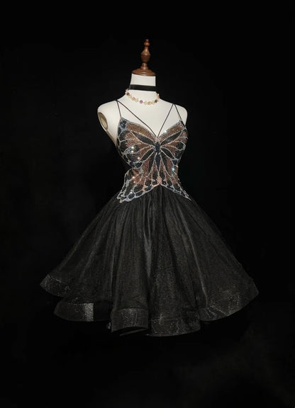 Pretty Ball Gown Spaghetti Strap Little Black Tulle Short Mini Homecoming Dresses Hoco Gowns N2628