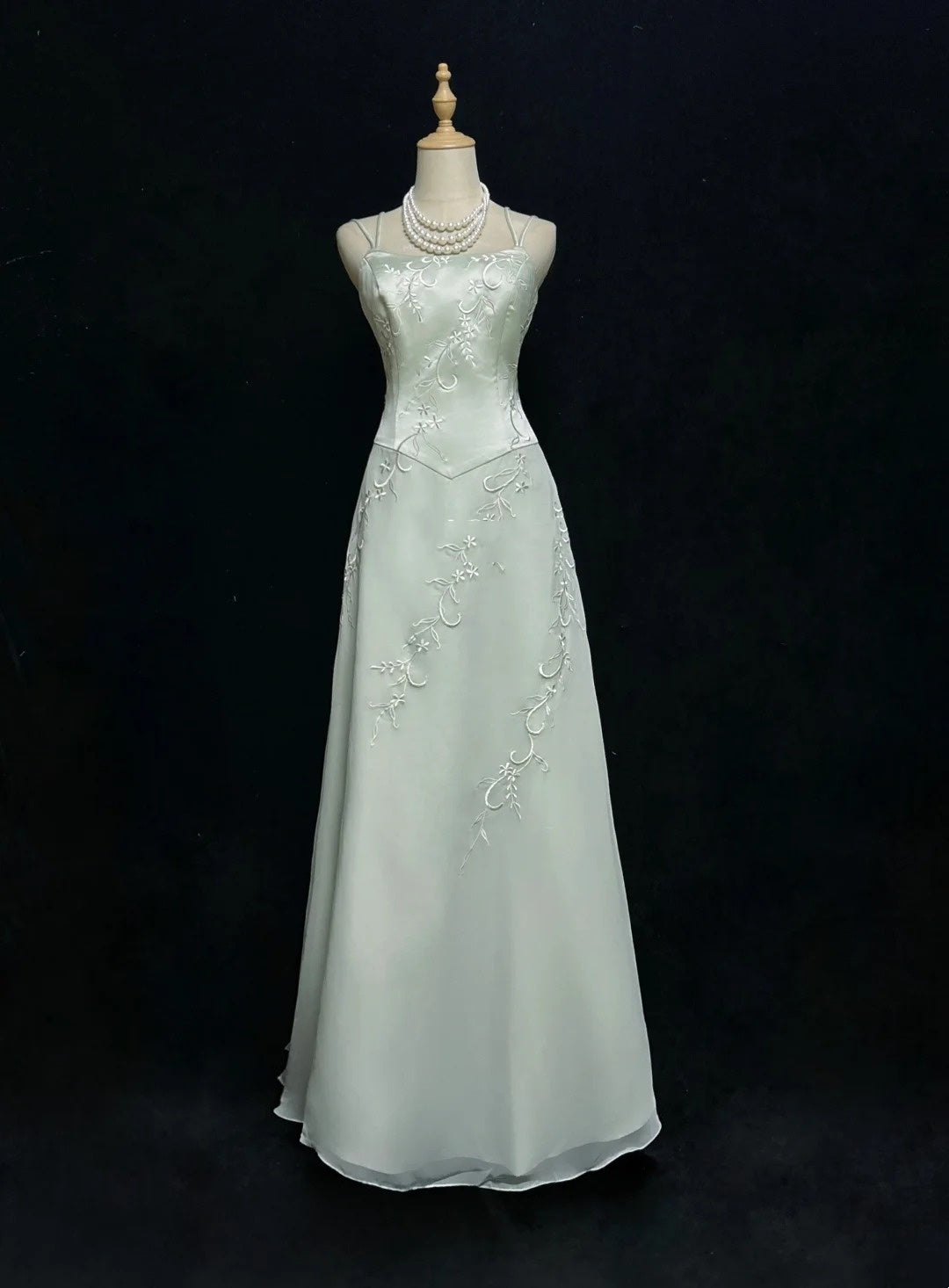Vintage Prom Dresses A Line Spaghetti Straps Mint Green Embroidery Satin 2000s Long Party Evening Formal Gown RC1146