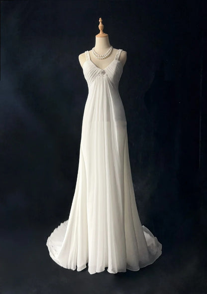 Robes de bal blanches simples, coupe trapèze, col en V, mousseline sans manches avec perles, robe de soirée semi-formelle N3820