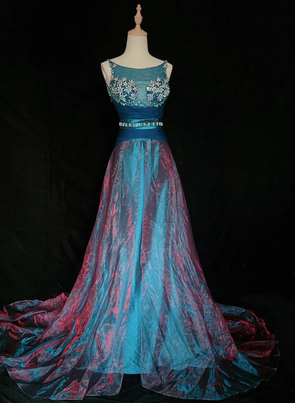 Robes de bal vintage des années 80, coupe trapèze, col bateau, en satin bleu, longues tenues de soirée N3477