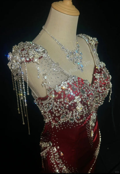 Vintage Prom Dresses 80s Mermaid Straps Burgundy Satin Long With Silver Beading Evening Formal Outfits RB5135