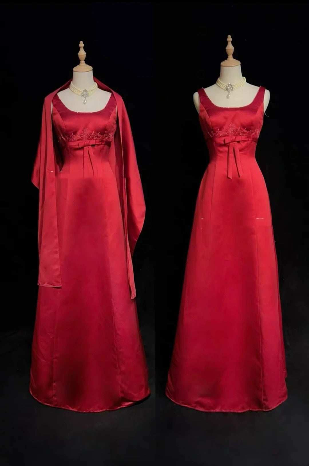 Vintage Abschlussballkleider Inspo A-Linie, eckiger Ausschnitt, roter Satin, 80er Jahre, lange Ballkleider mit Umhang N2857