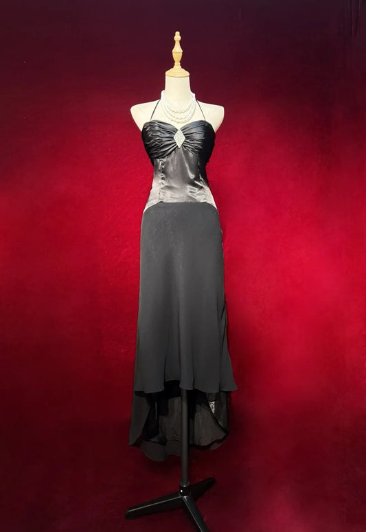 Black Prom Dress Inspo A line Halter Chiffon Satin 18th Birthday Outfits Formal Party Gown RC0114