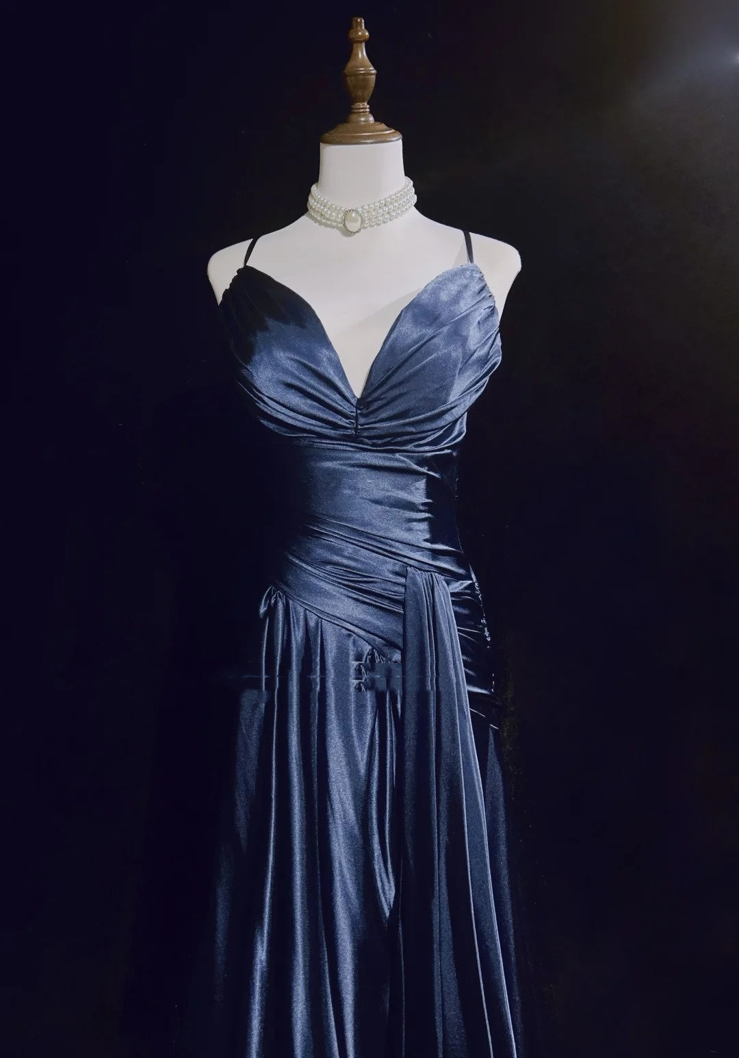 Vintage Prom Dresses A-Linie Spaghetti-Träger Navy Blue Satin 1990er Formelles Abendkleid N2661