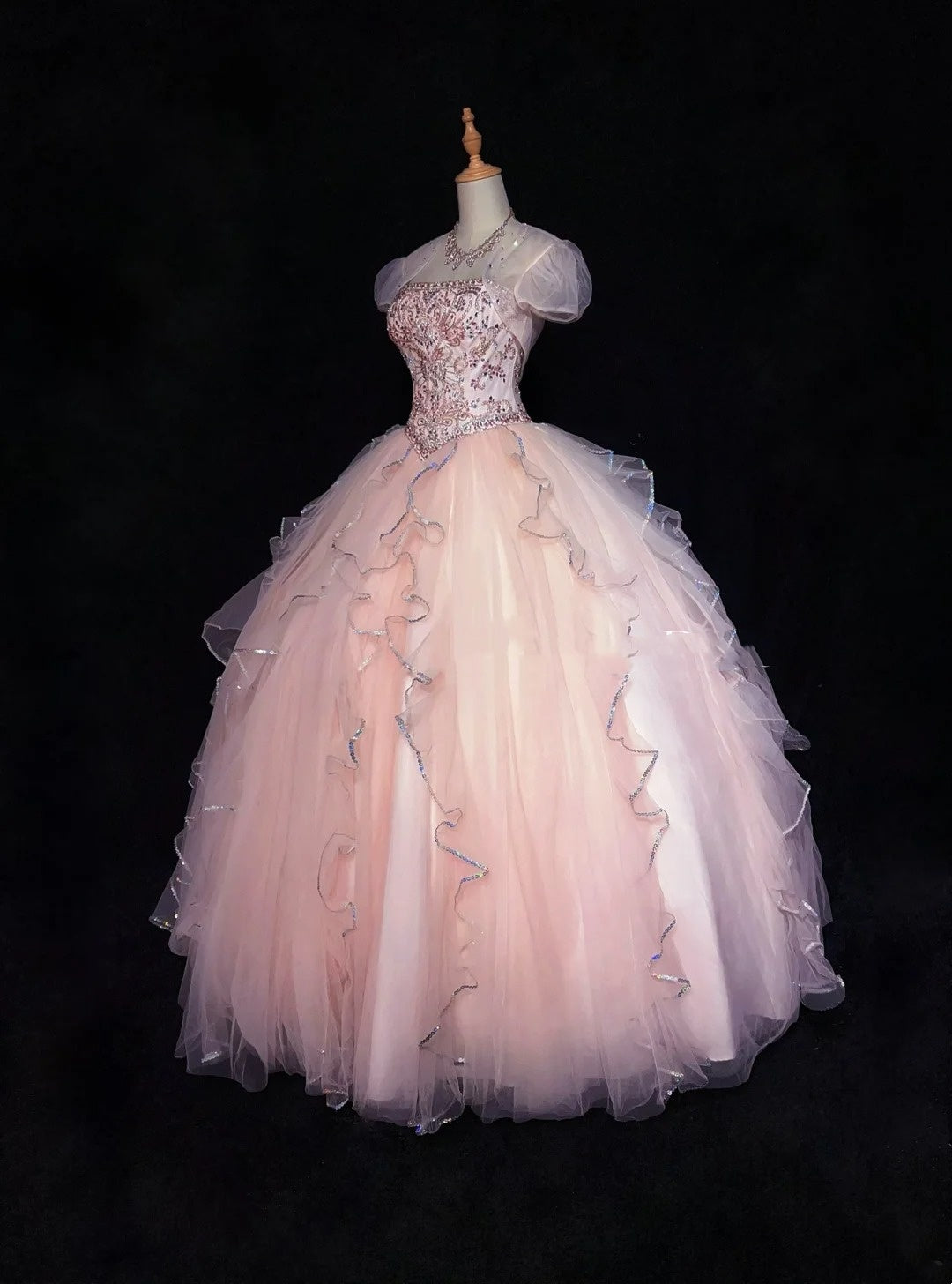 Sweet Ball Gown Strapless Short Sleeves Pink Sequined Long Formal Dress Birthday Prom Dresses With Jacket N2861