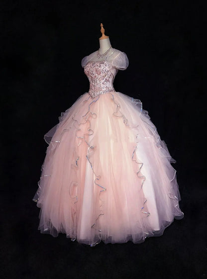 Sweet Ball Gown Strapless Short Sleeves Pink Sequined Long Formal Dress Birthday Prom Dresses With Jacket N2861