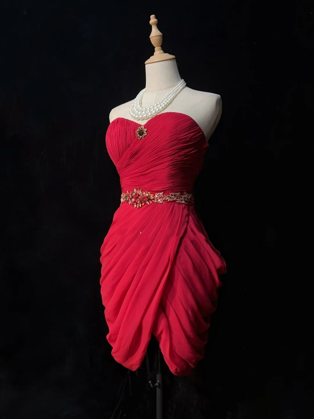 Süßes Etui-Kleid, herzförmiger Ausschnitt, Rot, Chiffon, kurz, Mini, 18. Geburtstagskleid, Heimkehrkleider N3681