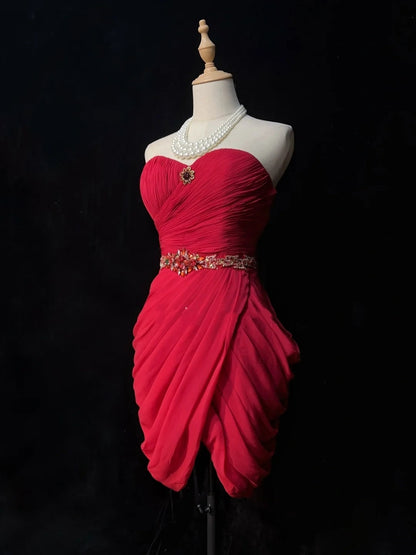 Süßes Etui-Kleid, herzförmiger Ausschnitt, Rot, Chiffon, kurz, Mini, 18. Geburtstagskleid, Heimkehrkleider N3681