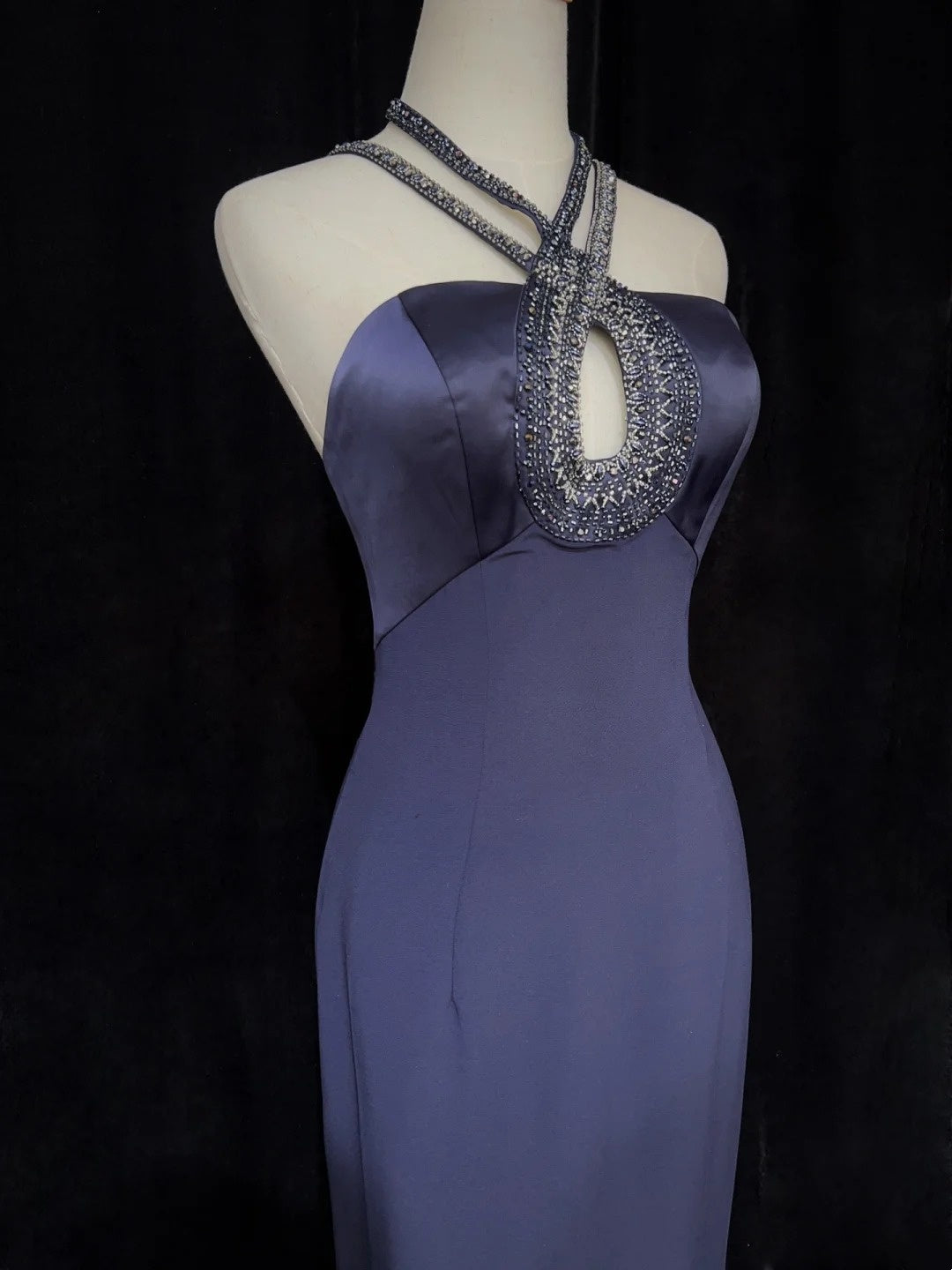 Robes de bal modestes Inspo Sirène Années 90 Col Licou Bleu Marine Avec Perles Pour Femmes Robe Formelle N3281