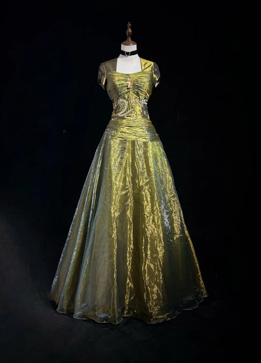 Vintage Abschlussballkleider Ballkleid Quadratischer Ausschnitt Olivgrün 80er Jahre Mit Perlen Lang Formelle Abendgarderobe N3873