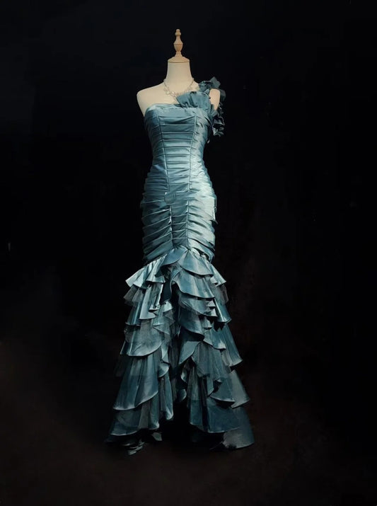 Vintage Meerjungfrau Ein Schulter Trägerlos Staubblau Satin mit Falten Ärmelloses Langes Abendkleid Ballkleid Geburtstag Abschlussballkleider N2442
