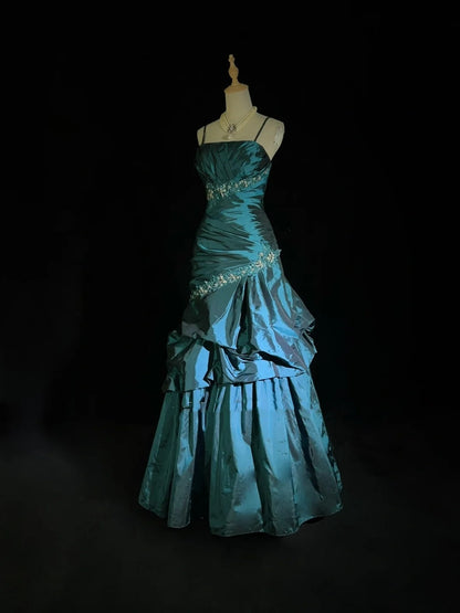 Robes de bal vintage Robe de soirée à fines bretelles bleu sarcelle sans manches en taffetas Robe de soirée longue des années 90 N2893