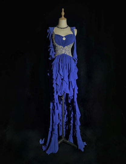 Elegante Abschlussballkleider A-Linie High-Low One-Shoulder Königsblau Chiffon mit Perlen ärmellos langes Abendkleid N2881
