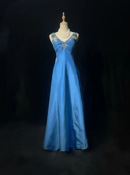 Vintage Prom Dresses A Line V Neck Blue Satin Lace 1990s Long Formal Evening Gown N2644