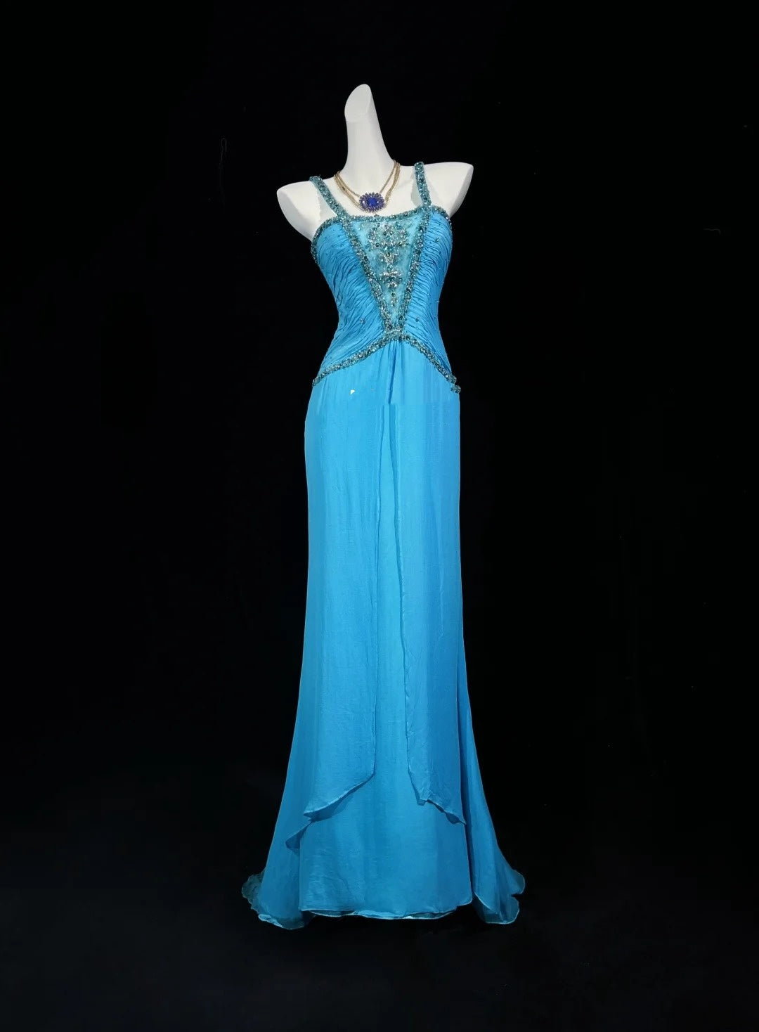 Vintage Ballkleider Meerjungfrau Neckholder Blau Chiffon 80er mit Perlenstickerei Lange Formelle Abendgarderobe N4201