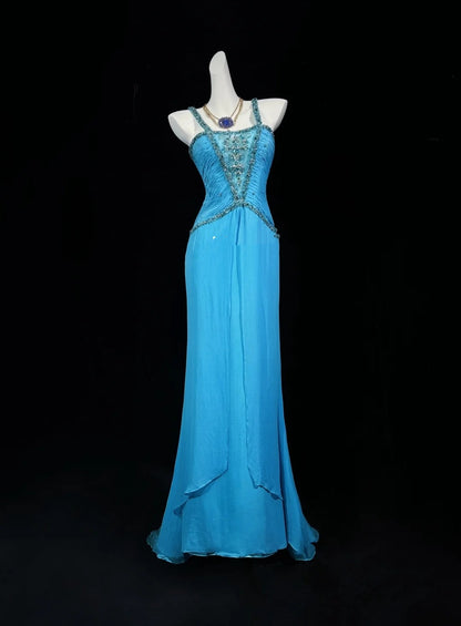 Vintage Ballkleider Meerjungfrau Neckholder Blau Chiffon 80er mit Perlenstickerei Lange Formelle Abendgarderobe N4201