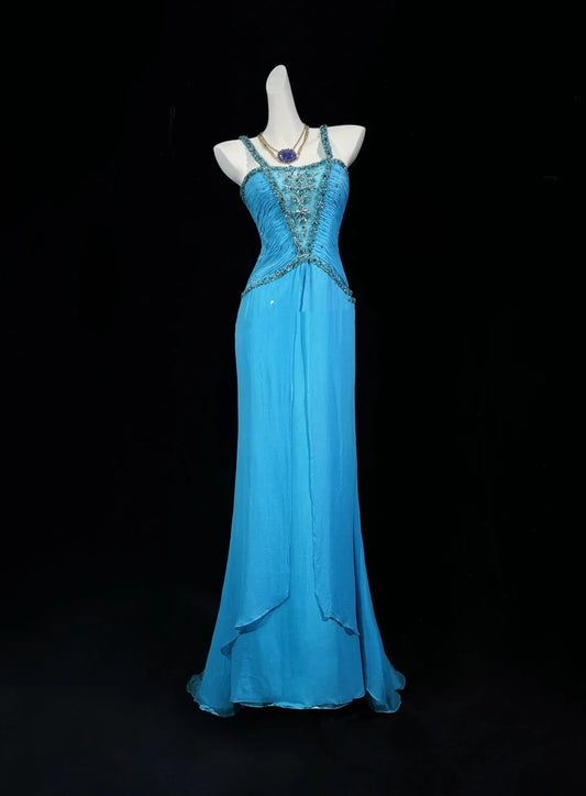 Vintage Ballkleider Meerjungfrau Neckholder Blau Chiffon 80er mit Perlenstickerei Lange Formelle Abendgarderobe N4201