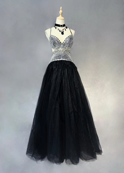 Vintage Prom Dresses Inspo Ball Gown Halter Drop Waist 90s Tulle Black Tie Dress With Beading For Women Formal Gowns N3306