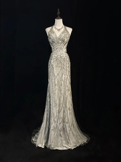 Vintage Abschlussballkleider Inspo Meerjungfrau Neckholder Silbergrau Pailletten 80er Jahre mit rückenfreien Ballkleidern N3369