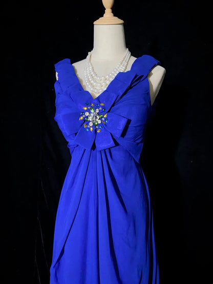 Robes de bal vintage A-Line Col en V Bleu roi Mousseline Longue Années 1990 Avec perles Robes de soirée N3352