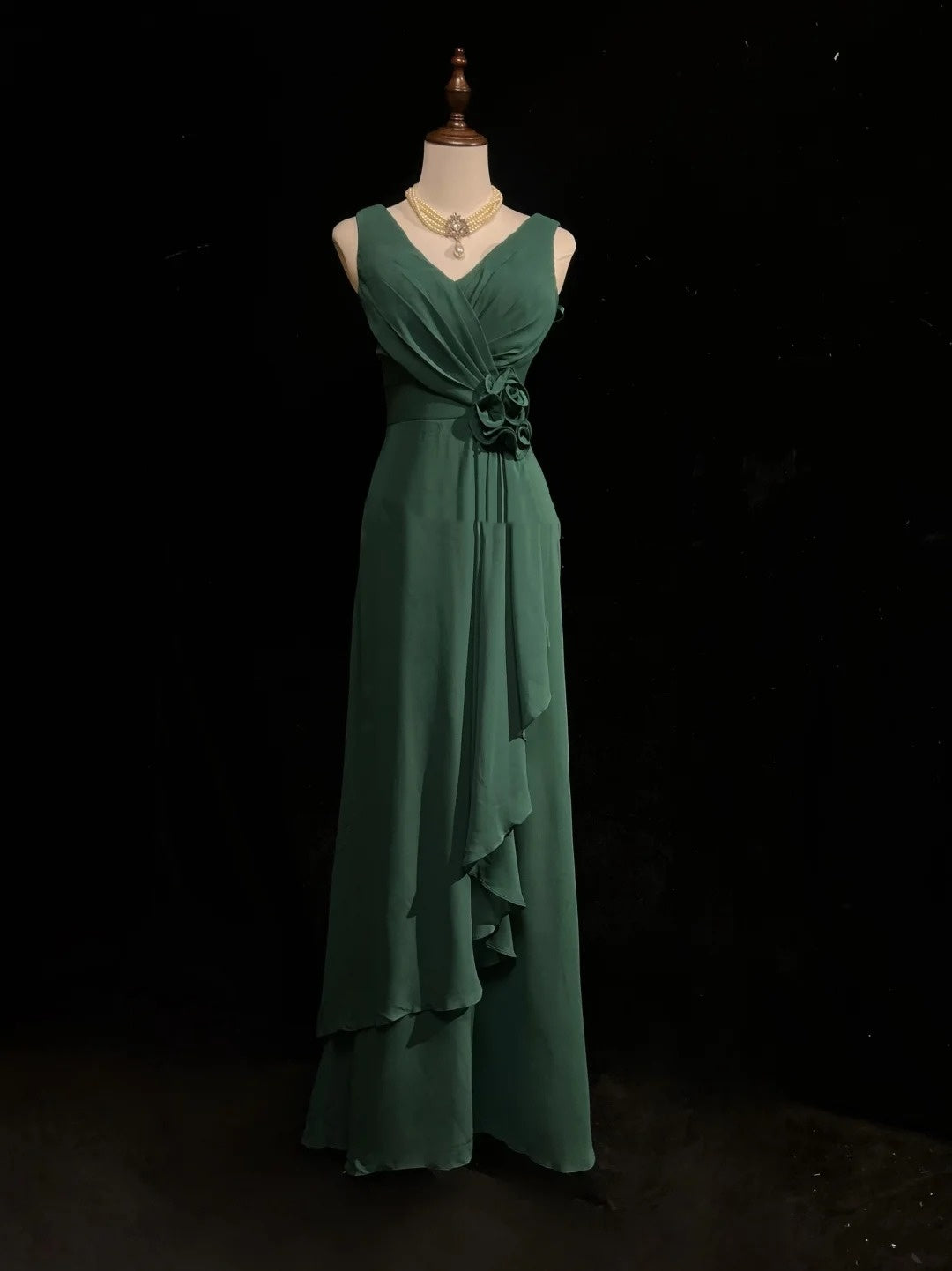 Robes de bal simples, ligne A, col en V, vert foncé, mousseline, longueur au sol, robe de soirée formelle à volants N3686