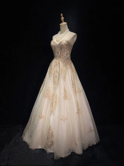 Vintage Prom Dresses Inspo Ball Gown Sweetheart Champagne With Gold Lace For Women Formal Dress N3219